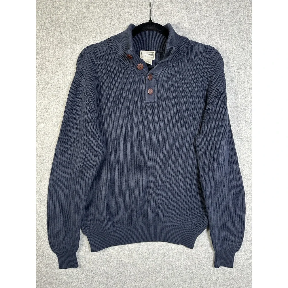 Vintage LL Bean Men Medium Sweater Navy Blue Long Sleeve Button Mock Neck Cotton